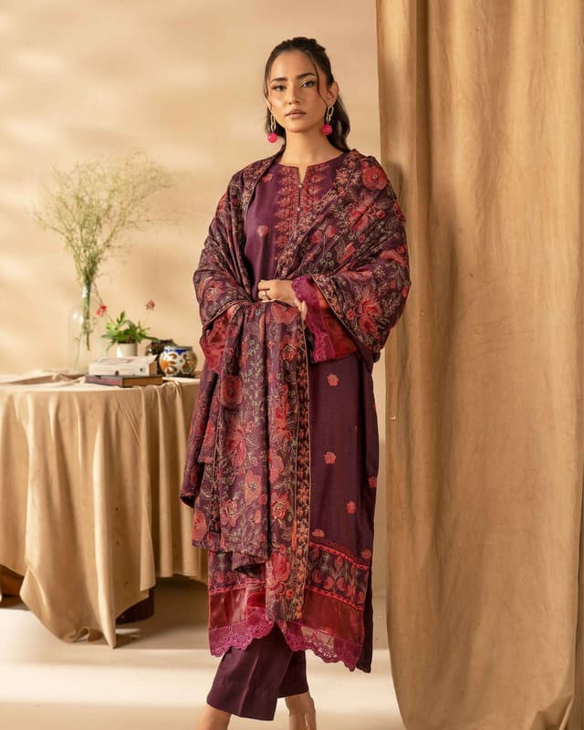 Maroon/Burgundy Embroidered 3-Piece Suit with Woven/Heavy Embroidered Shawl product image