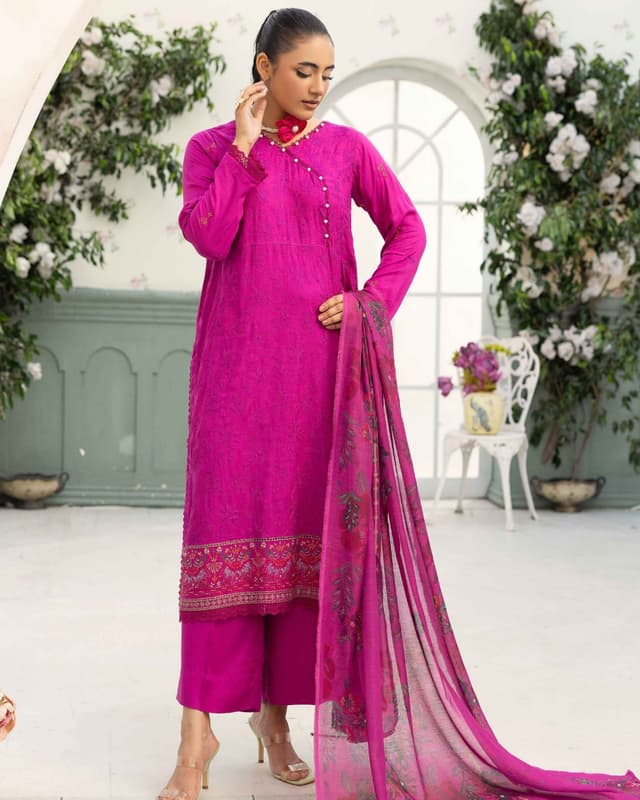 Fuchsia/Magenta Embroidered 3-Piece Suit with Printed Lawn/Voile Dupatta product image