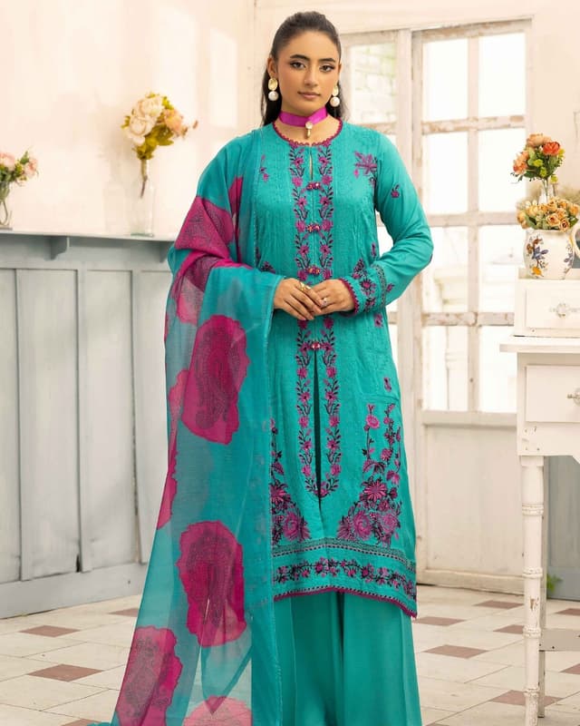 Teal/Aqua Embroidered 3-Piece Suit with Fuschia Floral Printed Dupatta product image
